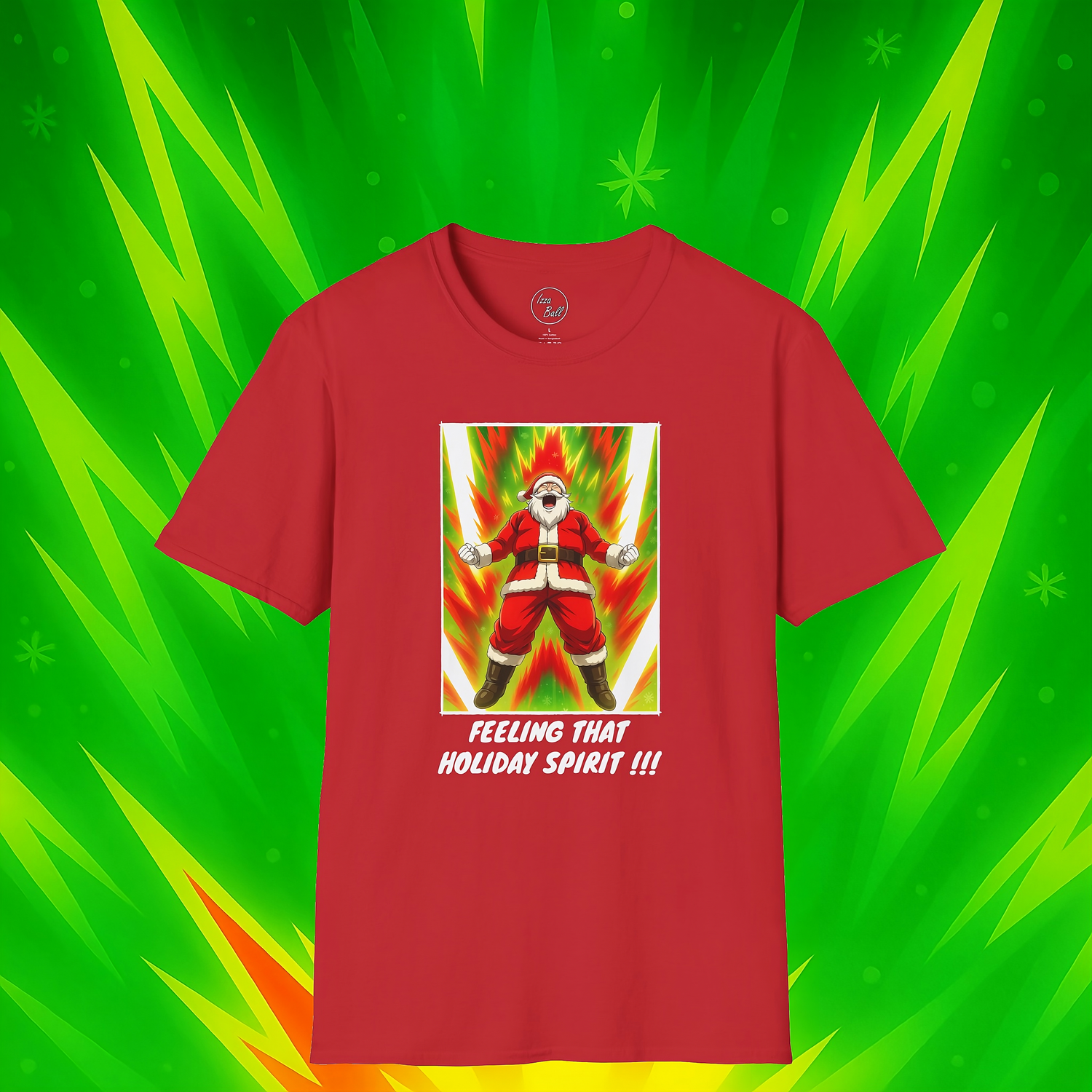 Holiday Power-Up Collection – Anime-inspired Christmas designs featuring Santa, reindeer, snowmen, and elves from the Izza Ball Shop. Bright festive art full of color, energy, and holiday spirit.
