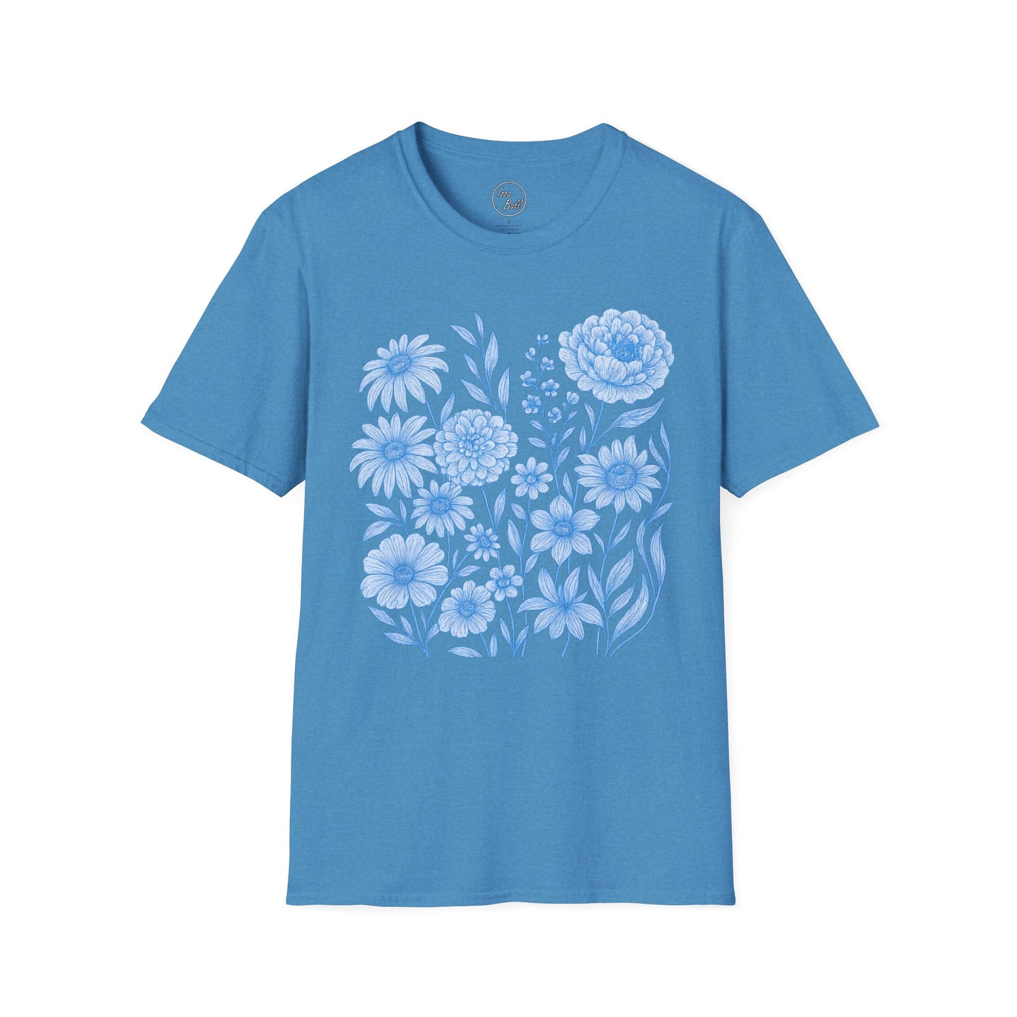 Blue Floral Line Art T-Shirt