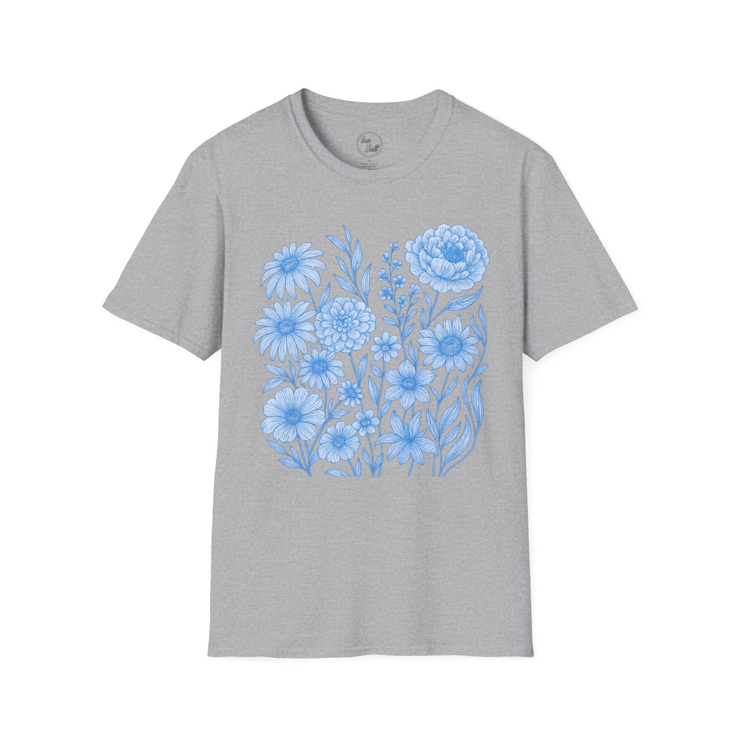 Blue Floral Line Art T-Shirt