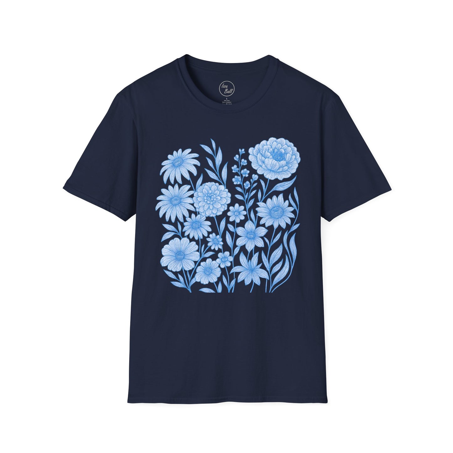 Blue Floral Line Art T-Shirt