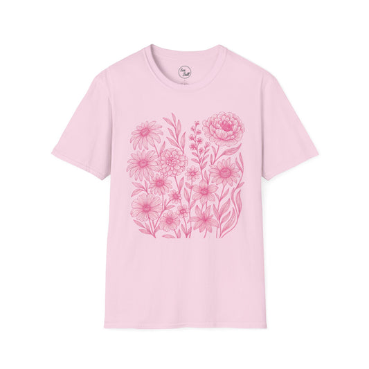 Pink Floral Line Art T-Shirt
