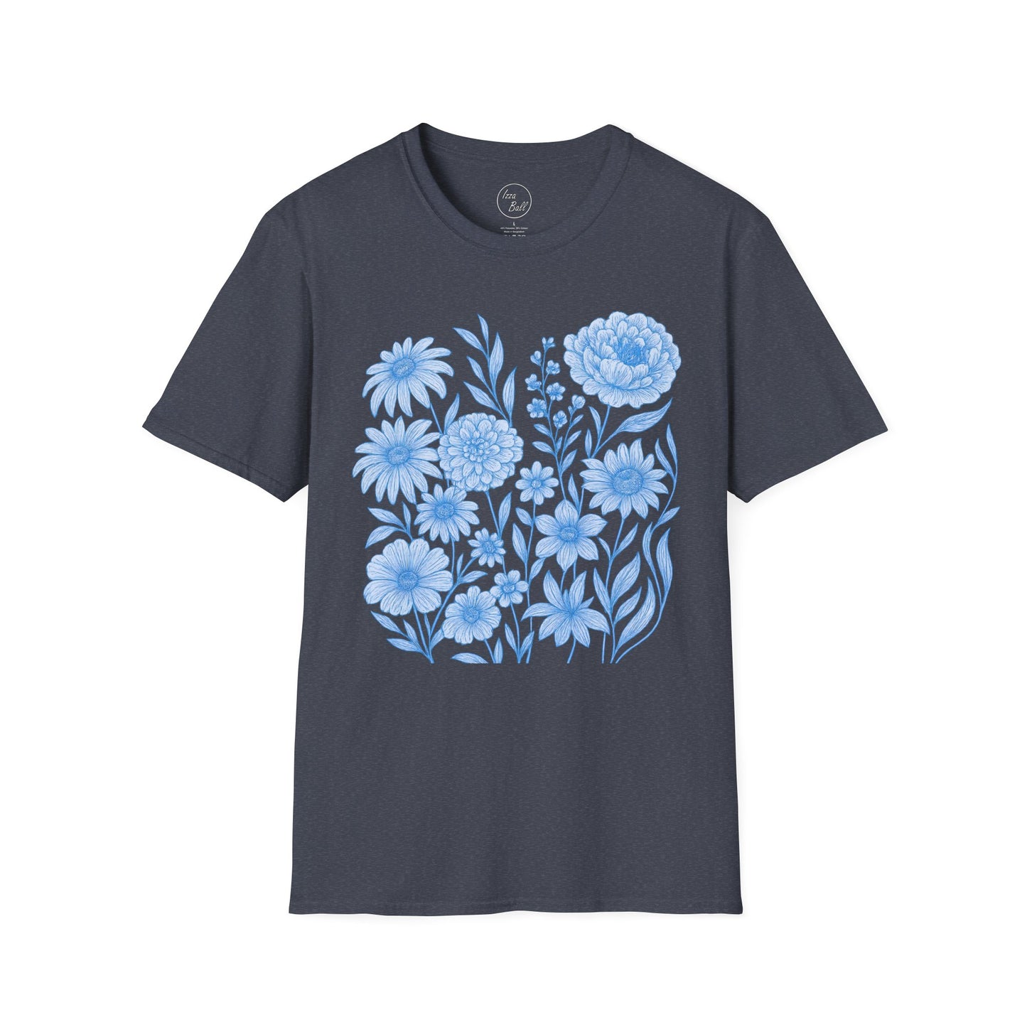 Blue Floral Line Art T-Shirt